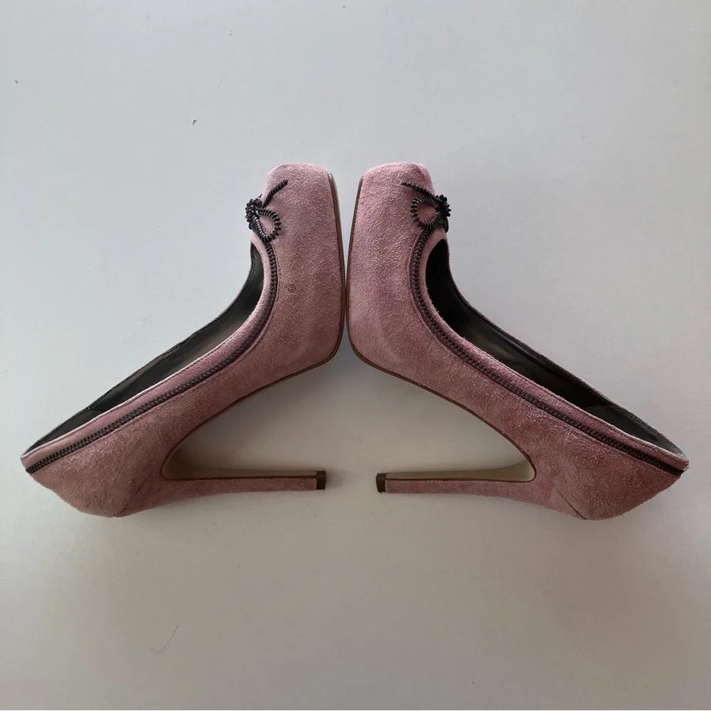 Guess Dusty Pink Suede Pumps Zipper Bow Chain Trim Stiletto Heels Women’s 6.5 - Picture 5 of 11